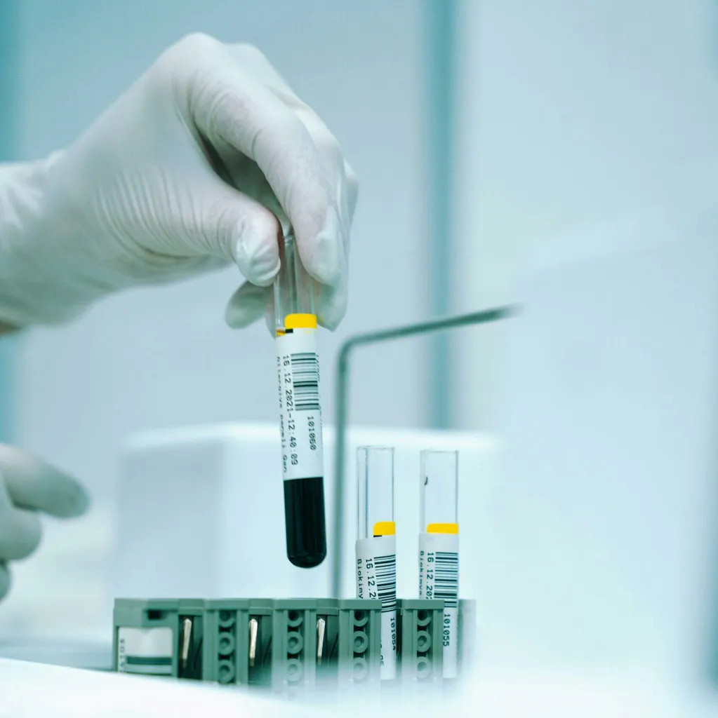 Gloved hand labeling blood test tubes, representing the kind of lab-interpretation scenario tested in ANCC FNP exam questions