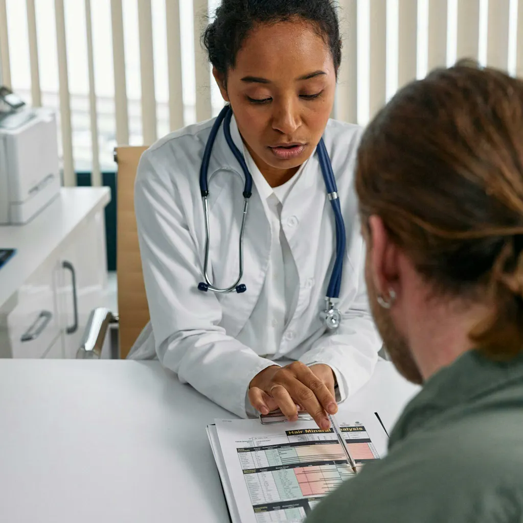 Clinician reviewing a lab report with a patient, illustrating the kind of case scenario used on the FNP certification exam
